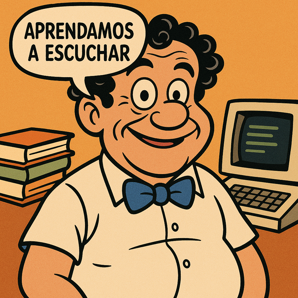 Cartoon-style portrait in the style of René Pepo Ríos with a speech bubble reading 'APRENDAMOS A ESCUCHAR'