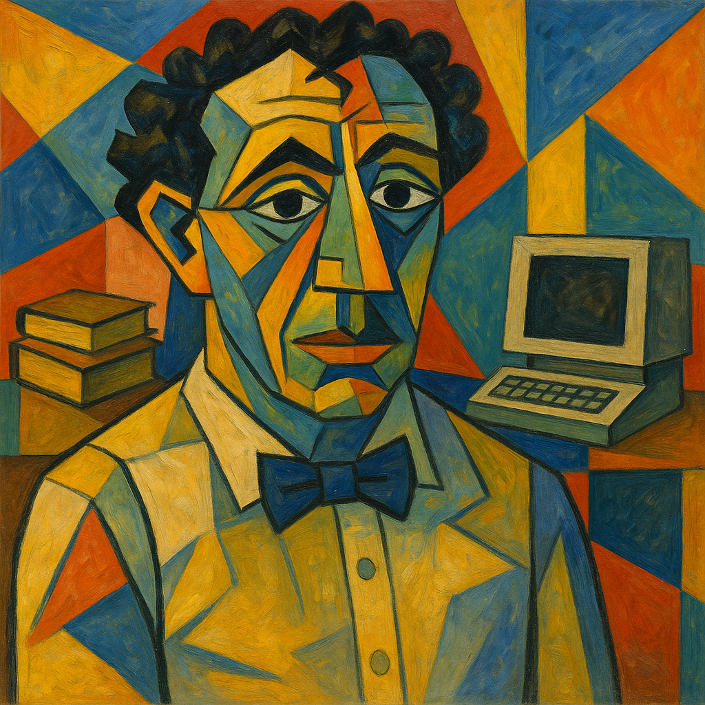 Cubist painting in the style of Pablo Picasso with geometric facets and vibrant planes