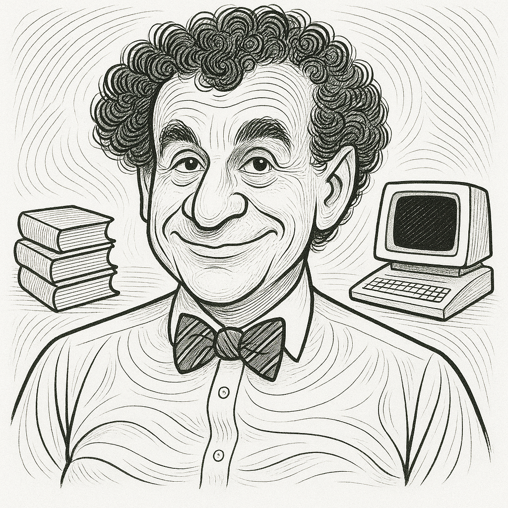 Ink caricature in the style of Al Hirschfeld with hidden 'NINA' in hair and shirt