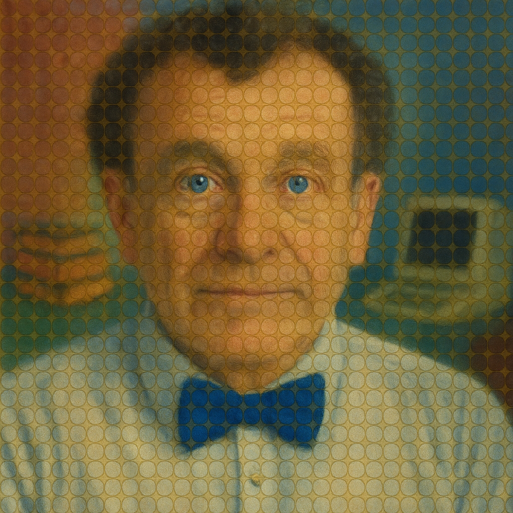 Mosaic portrait in the style of Chuck Close with grid of colorful tiles forming a detailed image
