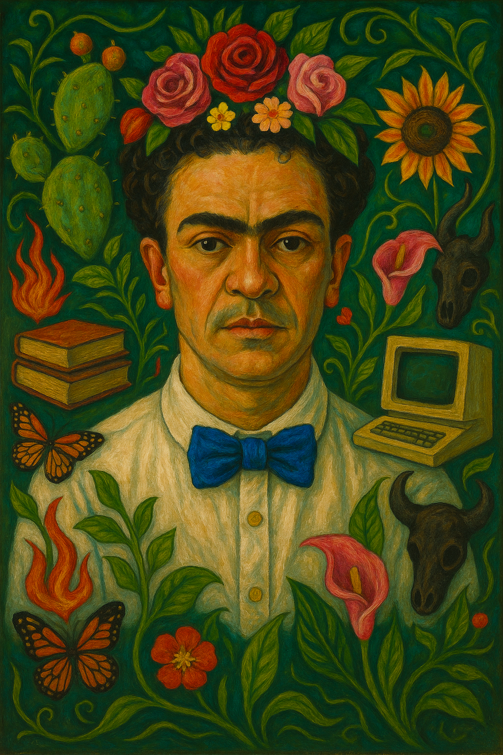 Surreal symbolic portrait in the style of Frida Kahlo with botanical motifs and dramatic elements